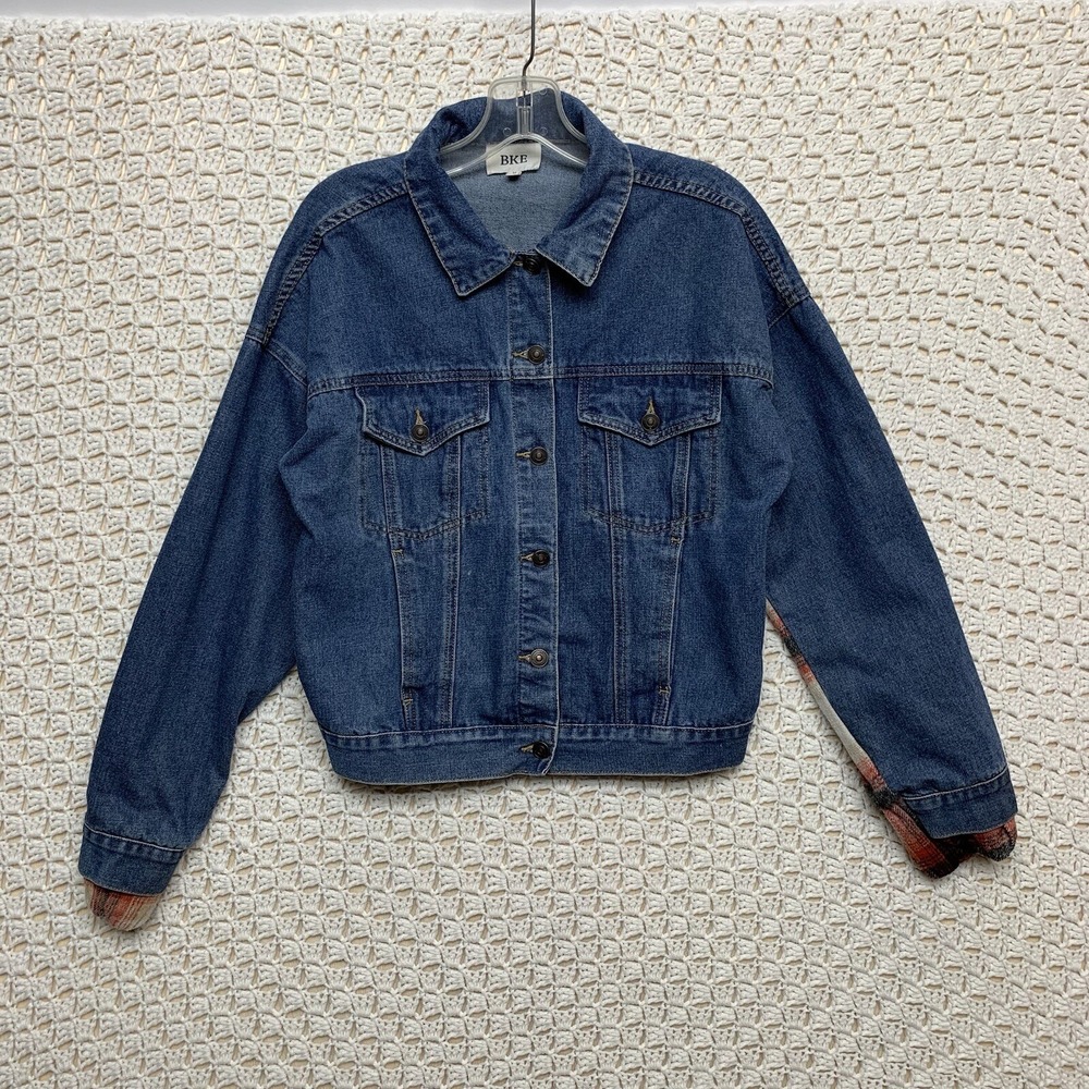 Buckle BKE Jean Jacket women Sz M  Blue Denim/Red Plaid Flannel‎